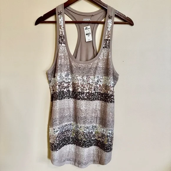 EXPRESS| NWT Sequin Striped Dressy Tank Top in Silver and Grey Sz M NEW - Picture 2 of 6